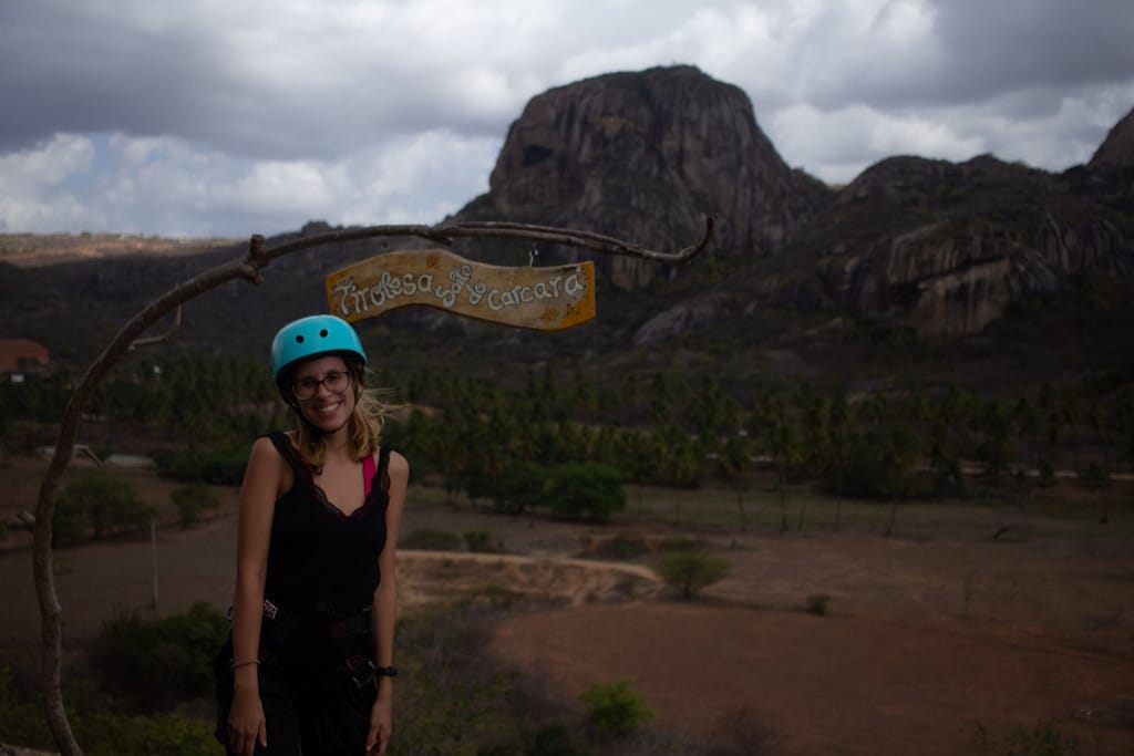 Emilly in front of the "Salto do Carcará" zip line