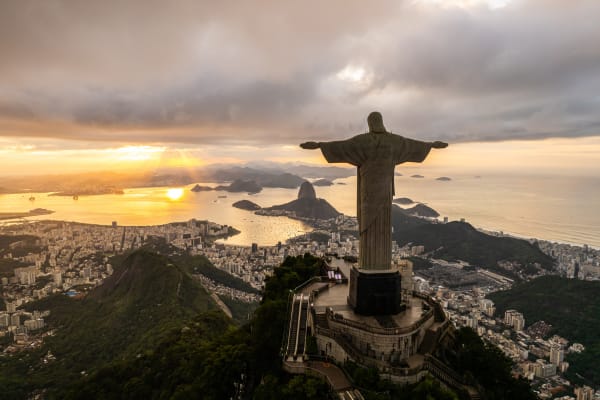 Aerial view of Christ the Redeemer towering over Rio de Janeiro